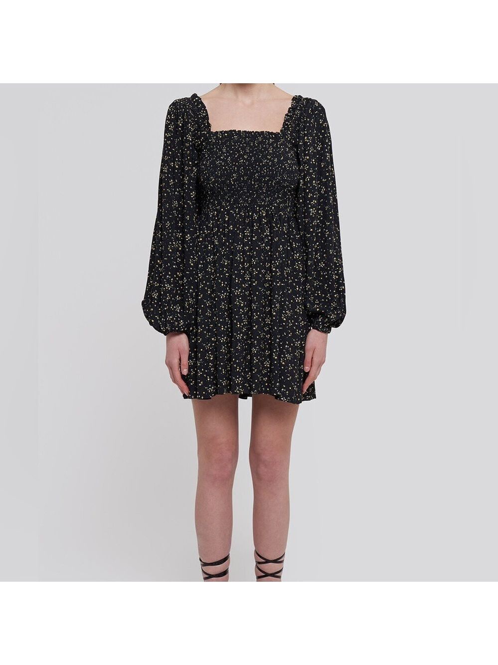 GANNI Floral Smocked Mini Dress Long Balloon Puff Sleeve Black Size 6 EUC - Picture 4 of 12